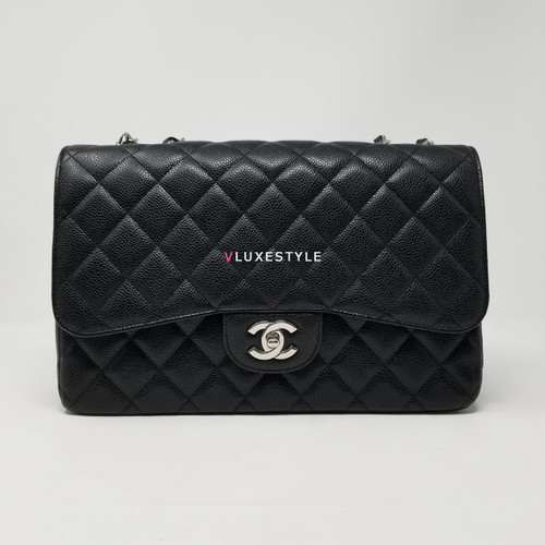VAN CLEEF & ARPELS Chanel Classic Jumbo Single Flap Black Quilted Caviar with silver hardware 