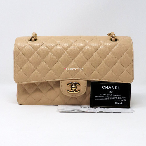 VAN CLEEF 
ARPELS Chanel Classic Medium Beige Quilted Caviar with gold hardware 