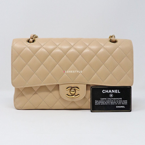 VAN CLEEF & ARPELS Chanel Classic Medium Beige Quilted Caviar with gold hardware-1653431457 