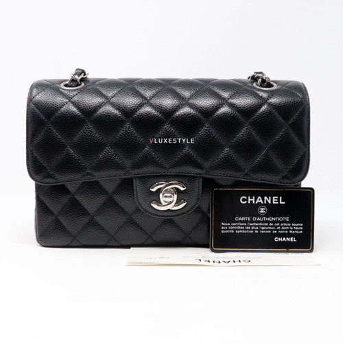 VAN CLEEF 
ARPELS Chanel Classic Small Double Flap Black Quilted Caviar with Silver Hardware 