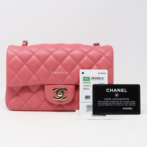 VAN CLEEF 
ARPELS Chanel Classic 18S Mini Rectangular Pink Quilted Caviar with light gold hardware 
