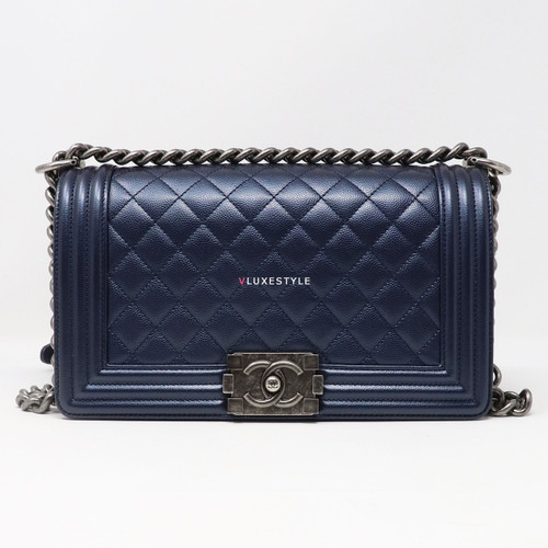 VAN CLEEF & ARPELS Chanel Le Boy Old Medium Metallic Navy Quilted Caviar with ruthenium hardware 