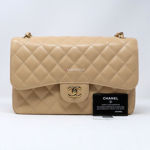 VAN CLEEF & ARPELS Chanel Classic Jumbo Double Flap Beige Clair Quilted Caviar with gold hardware-1653432234 