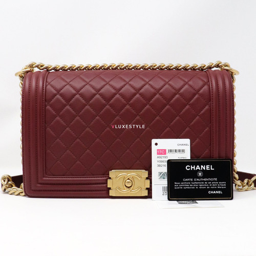 VAN CLEEF 
ARPELS Chanel Le Boy New Medium 17C Burgundy Quilted Calfskin with brushed gold hardware 