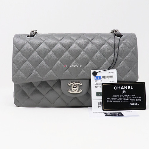 VAN CLEEF 
ARPELS Chanel Classic Medium 17B Gray Quilted Caviar with silver hardware 
