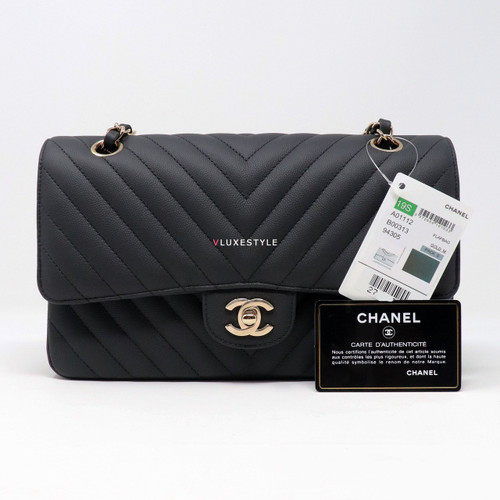 VAN CLEEF & ARPELS Chanel Classic Medium 19S Black Chevron Matte Caviar with light gold hardware 