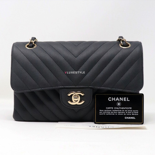 VAN CLEEF & ARPELS Remaining Balance: Chanel Classic 19S Small Double Flap Black Chevron Caviar with light gold hardware 