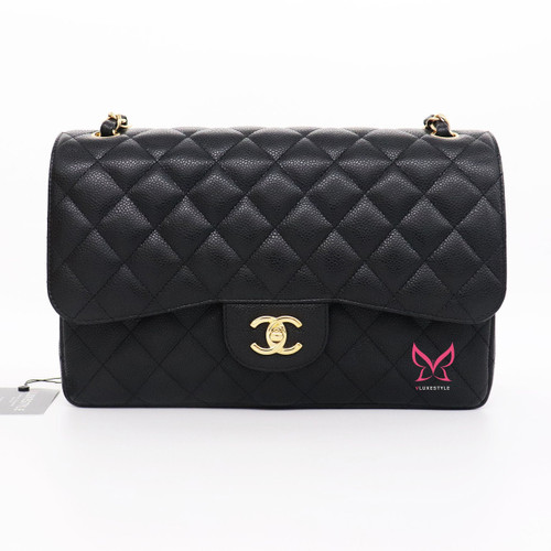 VAN CLEEF 
ARPELS Chanel Classic Jumbo Double Flap Black Quilted Caviar with gold hardware-1653434498 