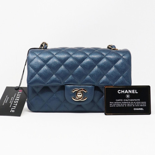 VAN CLEEF & ARPELS Chanel Classic Mini Rectangular 18S Pearly Dark Blue Quilted Caviar with light gold hardware 