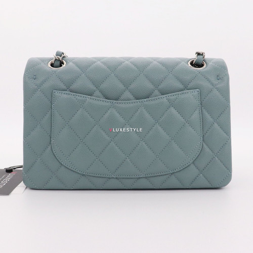 VAN CLEEF 
ARPELS Chanel Classic Small Double Flap 20B Blue-Gray/Grey Quilted Caviar with silver hardware 