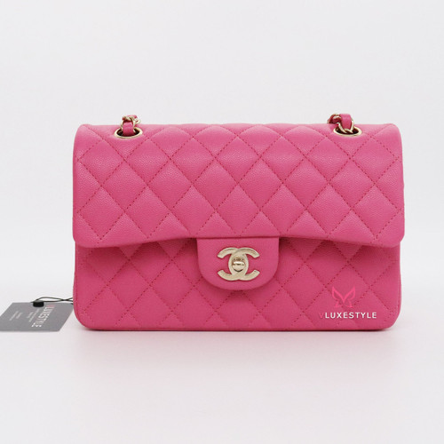 VAN CLEEF 
ARPELS Chanel Classic Small Double Flap 20S Pink Quilted Caviar with light gold hardware 