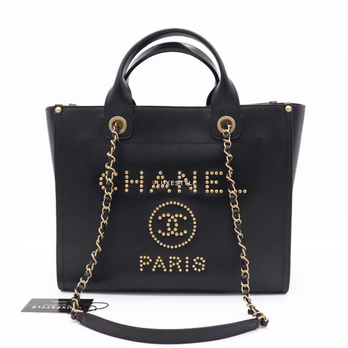 VAN CLEEF & ARPELS Chanel Small Studded Black Caviar Leather Deauville with brushed gold hardware 