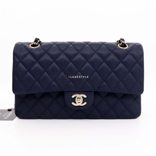 VAN CLEEF 
ARPELS Chanel Classic Medium Double Flap 20C Navy Quilted Caviar with light gold hardware 