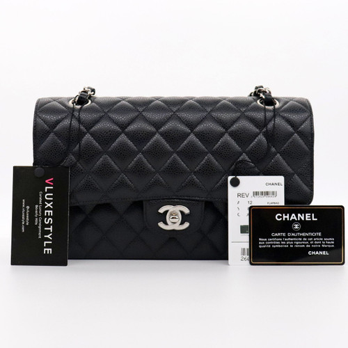 VAN CLEEF & ARPELS Chanel Classic Medium Double Flap Black Quilted Caviar with silver hardware-1653436523 