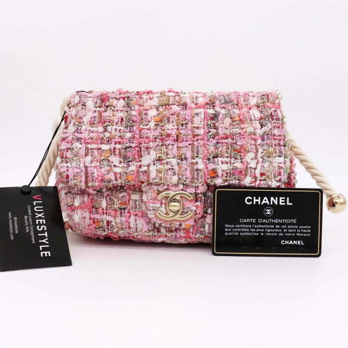 VAN CLEEF 
ARPELS Chanel Mini Flap Pearl Handle Tweed Pink with light gold hardware 