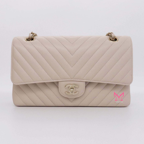 VAN CLEEF & ARPELS Chanel Classic Medium Double Flap 20B Beige Chevron Caviar with light gold hardware-1653436997 