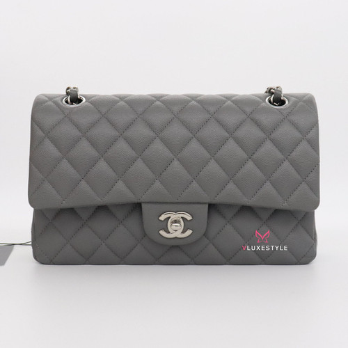VAN CLEEF 
ARPELS Chanel Classic Medium Double Flap 17B Gray Quilted Caviar with silver hardware 