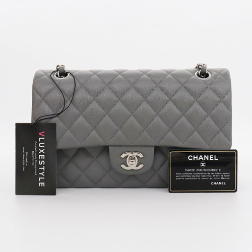 VAN CLEEF & ARPELS Chanel Classic Medium Double Flap 17B Gray Quilted Caviar with silver hardware 