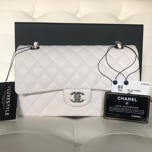 VAN CLEEF & ARPELS Chanel Classic Medium Double Flap 20B White Quilted Caviar with silver hardware 