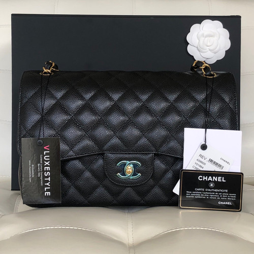 VAN CLEEF & ARPELS Chanel Classic Jumbo Double Flap Black Quilted Caviar with gold hardware-1653437661-1653437662 