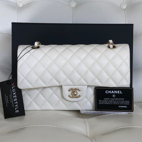 VAN CLEEF 
ARPELS Chanel Classic Medium Double Flap 19C Ivory White Quilted Caviar with light gold hardware 