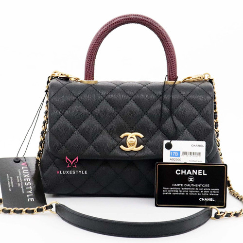 VAN CLEEF 
ARPELS Chanel Mini Coco Handle 17B Black Quilted Caviar with Real Burgundy Lizard Handle with brushed gold hardware 