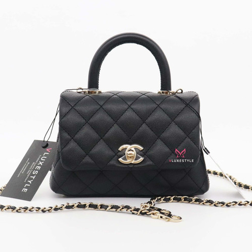 VAN CLEEF 
ARPELS Chanel Extra Mini Coco Handle 20K Black Quilted Caviar with shiny light gold hardware 