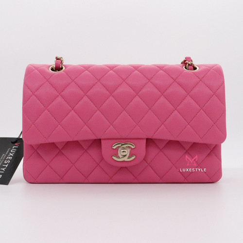 VAN CLEEF 
ARPELS Chanel Classic Medium Double Flap 21C Pink Quilted Caviar with light gold hardware 