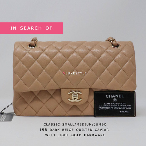 IN SEARCH OF Chanel Classic Small/Medium Double Flap 19B Dark Beige Quilted Caviar with light gold hardware