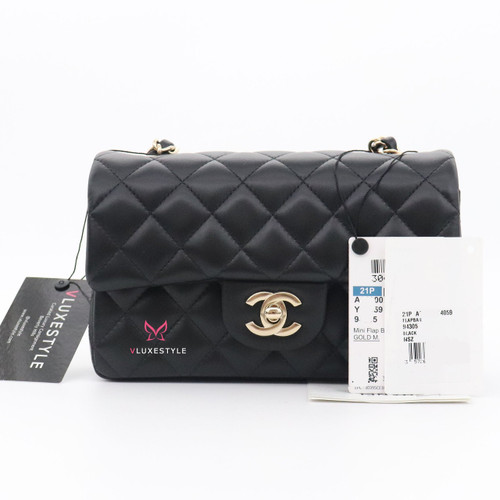 VAN CLEEF 
ARPELS Chanel Classic Mini Rectangular 21P Black Quilted Lambskin with light gold hardware 