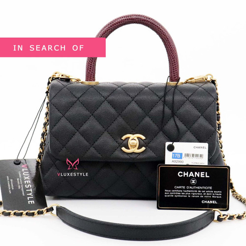 VAN CLEEF & ARPELS IN SEARCH OF Chanel Mini Coco Handle 17B Black Quilted Caviar with real burgundy lizard handle 