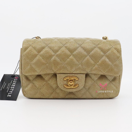 Chanel Classic Mini Rectangular Flap 15C Pearly Gold Quilted Caviar Aged  Gold Hardware