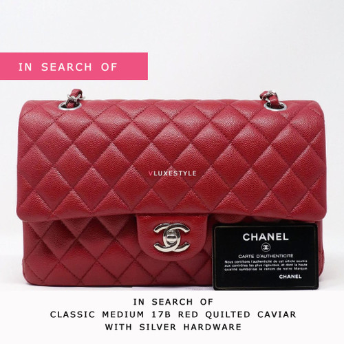 IN SEARCH OF Classic Medium 17B Red Quilted Caviar with silver hardware
