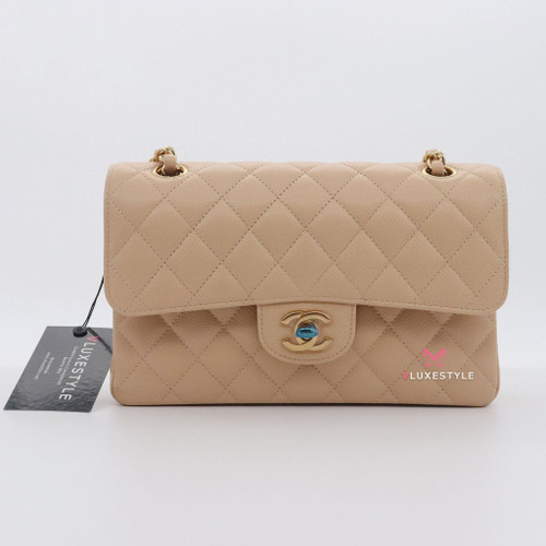Chanel classic medium double flap in beige peach lamb skin !, Luxury, Bags  & Wallets on Carousell