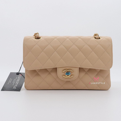 VAN CLEEF 
ARPELS Chanel Classic Small Double Flap Beige Clair Quilted Caviar with gold hardware-1653438898 