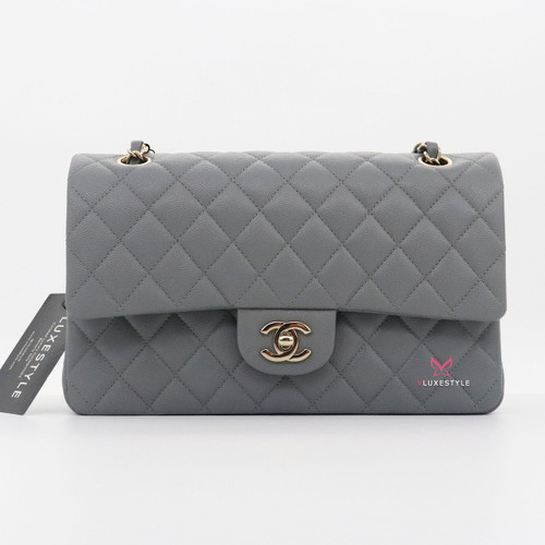 VAN CLEEF 
ARPELS Chanel Classic Medium Double Flap 20C Gray/Grey Quilted Caviar with light gold hardware 