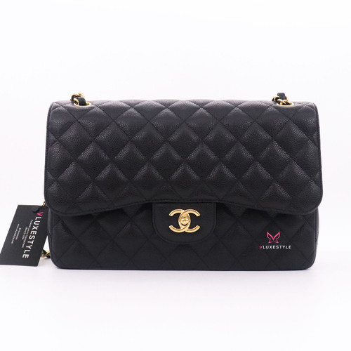 VAN CLEEF 
ARPELS Chanel Classic Jumbo Double Flap Black Quilted Caviar with gold hardware-1653439218 