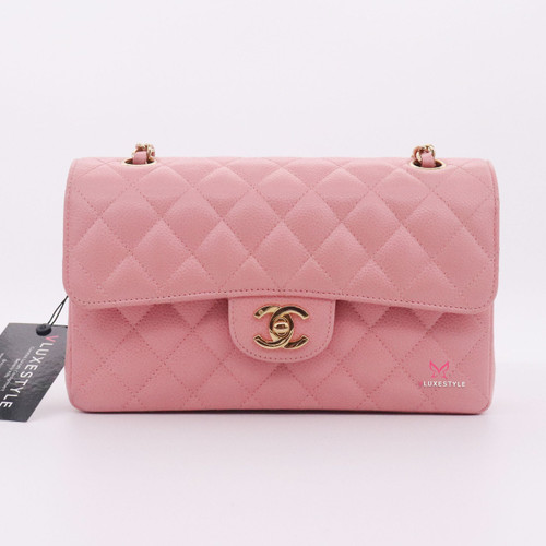 VAN CLEEF 
ARPELS Chanel Vintage Classic Small Double Flap Pink Quilted Caviar with 24K gold plated hardware 
