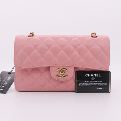 VAN CLEEF 
ARPELS Chanel Vintage Classic Small Double Flap Pink Quilted Caviar with 24K gold plated hardware 