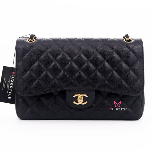 VAN CLEEF & ARPELS Chanel Classic Jumbo Double Flap Black Quilted Caviar with gold hardware-1653439369 
