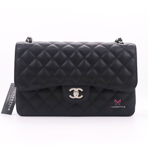 VAN CLEEF 
ARPELS Chanel Classic Jumbo Double Flap Black Quilted Caviar with silver hardware-1653439393 