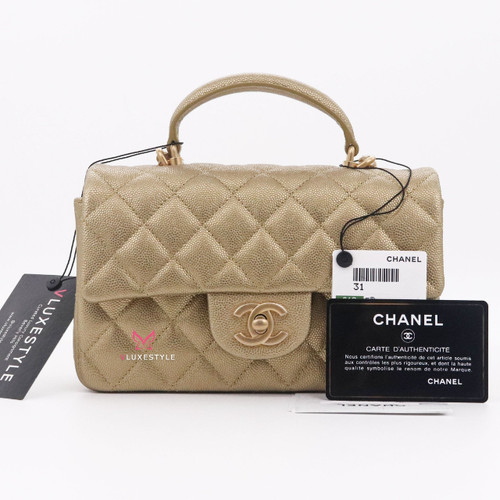 VAN CLEEF & ARPELS Chanel Mini Rectangular with top handle 21S Gold Quilted Caviar with brushed gold hardware 