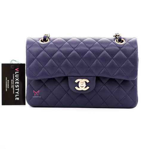 VAN CLEEF 
ARPELS Classic Small Double Flap 21S Navy Quilted Caviar with light gold hardware 
