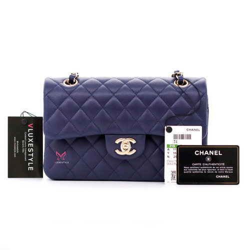 VAN CLEEF 
ARPELS Classic Small Double Flap 21S Navy Quilted Caviar with light gold hardware 