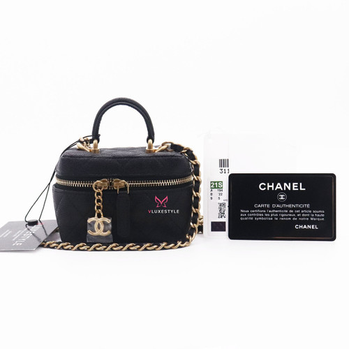VAN CLEEF 
ARPELS Chanel Small Vanity Case with Handle 21S Black Quilted Caviar with brushed gold hardware 