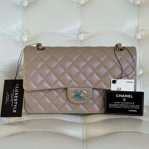 VAN CLEEF 
ARPELS Chanel Classic Medium Double Flap 21S Iridescent Dark Beige Quilted Caviar with light gold hardware 