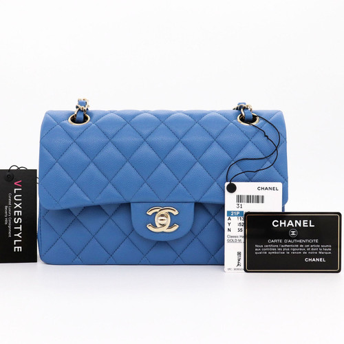 VAN CLEEF 
ARPELS Classic Small Double Flap 21P Blue Quilted Caviar with light gold hardware 