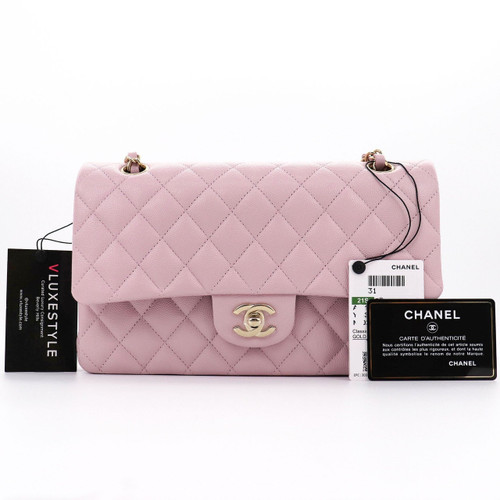 VAN CLEEF 
ARPELS Chanel Classic Medium Double Flap 21S Rose Clair/Light Pink Quilted Caviar with light gold hardware 