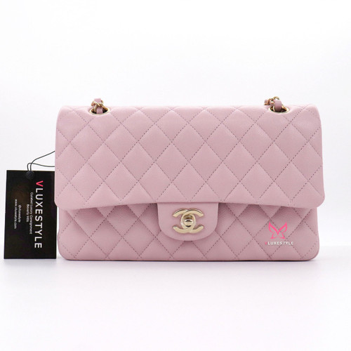 VAN CLEEF 
ARPELS Chanel Classic Medium Double Flap 21S Rose Clair/Light Pink Quilted Caviar with light gold hardware 