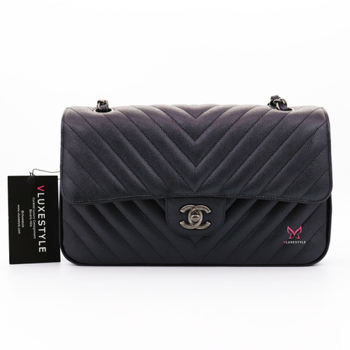 VAN CLEEF 
ARPELS Chanel Classic Medium Double Flap 17B Iridescent Black Chevron Caviar with ruthenium hardware 